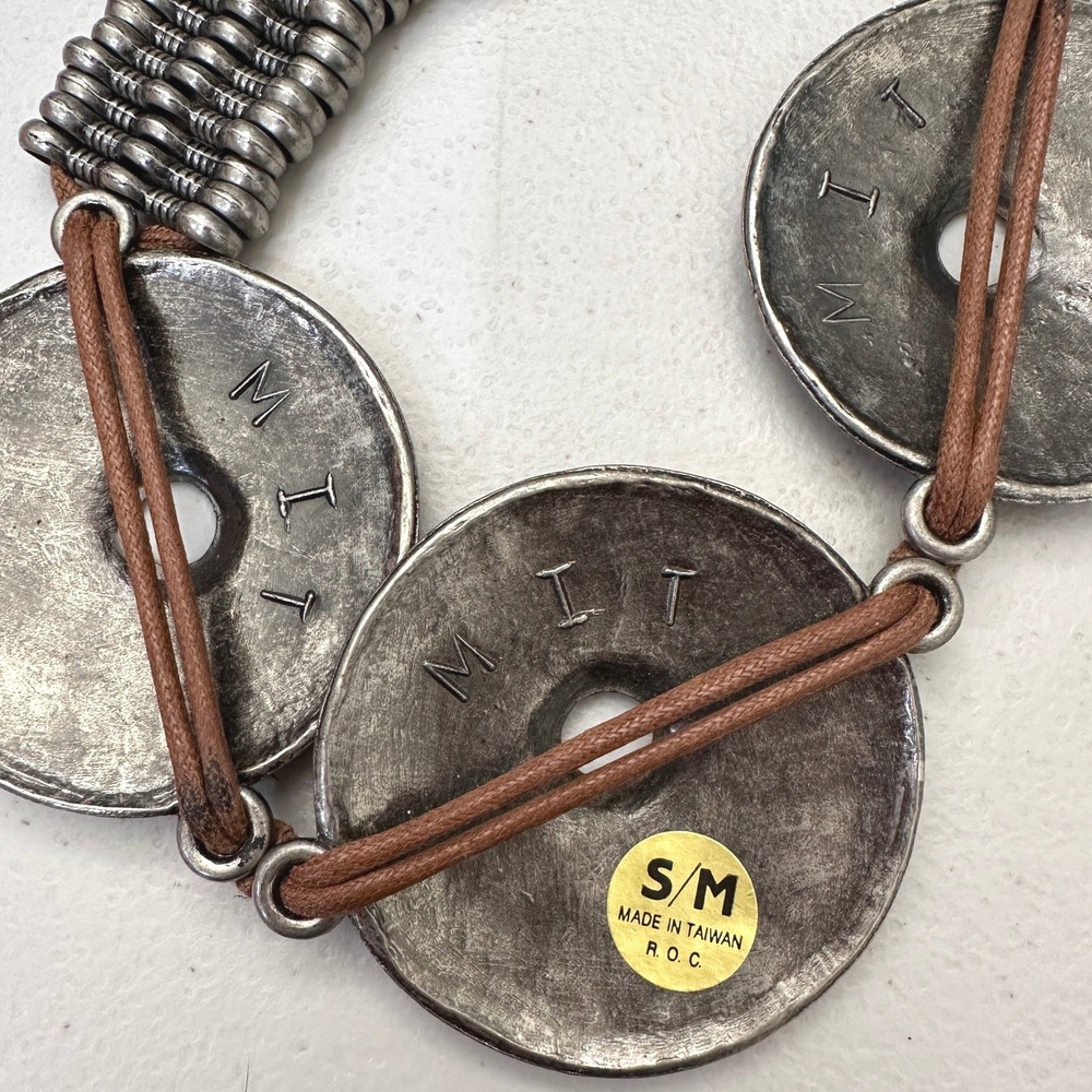 VTG 90s Pewter Tone Disc Waist Belt S/M Leather Laced Stretch Adjustable - Picture 7 of 8